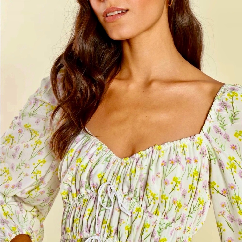 For Love And Lemons Floral Print Top - White and Yellow